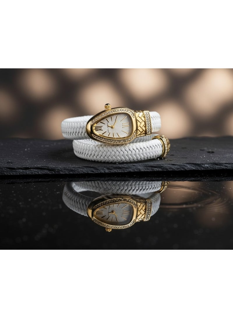 BVLGARI Serpenti White Leather Double-Wrap Watch with Diamond-Set Gold Case - Image 4